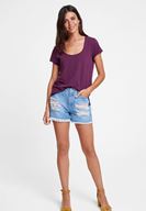 Bayan Mor U Yaka Detaylı Basic Tişört