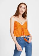 Bayan Turuncu İnce Askılı Dantel Detaylı Bluz