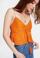 Bayan Turuncu İnce Askılı Dantel Detaylı Bluz