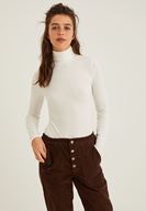 Bayan Krem Boğazlı Uzun Kol Detaylı Triko