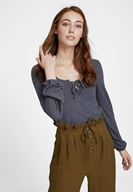 Bayan Gri Yakası Bağlamalı Uzun Kol Detaylı Bluz