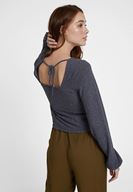 Bayan Gri Yakası Bağlamalı Uzun Kol Detaylı Bluz