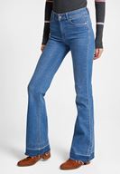 Bayan Mavi Yırtmaç Detaylı Flare Denim Pantolon