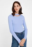 Bayan Mavi Cut-Out Detaylı Uzun Kollu Triko