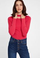 Bayan Pembe Cut-Out Detaylı Uzun Kollu Triko