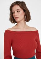 Bayan Kırmızı Uzun Kollu Yakası Detaylı Triko