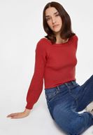 Bayan Kırmızı Uzun Kollu Yakası Detaylı Triko