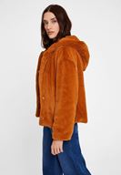 Bayan Kahverengi Suni Kürk Kapüsonlu Ceket