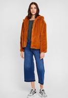 Bayan Kahverengi Suni Kürk Kapüsonlu Ceket