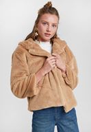Bayan Kahverengi Suni Kürk Kapüsonlu Ceket