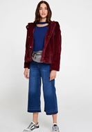 Bayan Bordo Suni Kürk Kapüsonlu Ceket