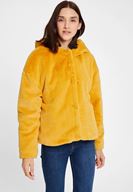 Bayan Sarı Suni Kürk Kapüsonlu Ceket