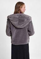 Bayan Gri Suni Kürk Kapüsonlu Ceket