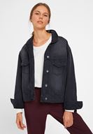 Bayan Siyah Cep Detaylı Kısa Denim Ceket