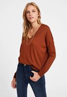 Bayan Kahverengi V Yaka Yanları Detaylı Triko
