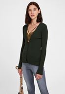 Bayan Yeşil Düğme Detaylı Uzun Kollu Hırka