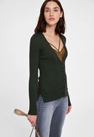 Bayan Yeşil Düğme Detaylı Uzun Kollu Hırka