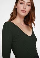 Bayan Yeşil V Yaka Uzun Kol Detaylı Triko