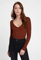 Bayan Kahverengi V Yaka Uzun Kol Detaylı Triko