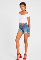 Bayan Beyaz V Yaka Detaylı Crop Top