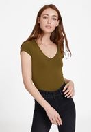 Bayan Yeşil Pamuk V Yaka Kısa Kollu Tişört