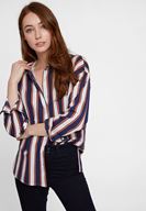 Bayan Lacivert Çizgi Desenli Pamuk Gömlek