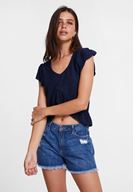 Bayan Lacivert Fırfırlı Dokulu Bluz