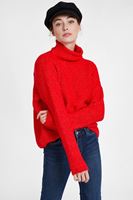 Bayan Kırmızı Boğazlı Çizgi Dokulu Kazak