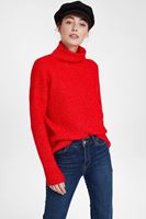 Bayan Kırmızı Boğazlı Çizgi Dokulu Kazak