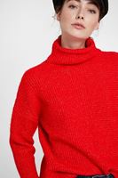 Bayan Kırmızı Boğazlı Çizgi Dokulu Kazak