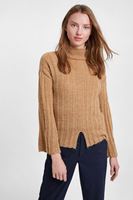 Bayan Kahverengi Yırtmaç Detaylı Triko Kazak