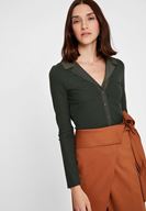 Bayan Yeşil Uzun Kollu Yaka Detaylı Bluz