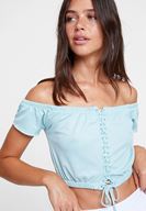 Bayan Mavi Düşük Omuzlu Bağlama Detaylı Bluz