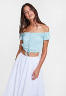 Bayan Mavi Düşük Omuzlu Bağlama Detaylı Bluz