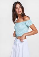 Bayan Mavi Düşük Omuzlu Bağlama Detaylı Bluz