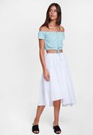 Bayan Mavi Düşük Omuzlu Bağlama Detaylı Bluz