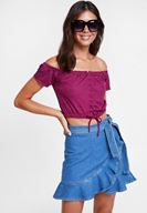 Bayan Mor Düşük Omuzlu Bağlama Detaylı Bluz