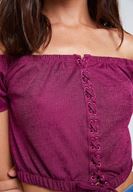 Bayan Mor Düşük Omuzlu Bağlama Detaylı Bluz