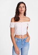 Bayan Pembe Düşük Omuzlu Bağlama Detaylı Bluz