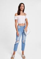 Bayan Pembe Düşük Omuzlu Bağlama Detaylı Bluz