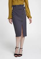 Bayan Gri Beli Kemerli Düğme Detaylı Kalem Etek