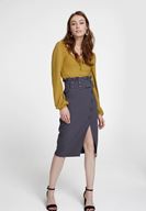 Bayan Gri Beli Kemerli Düğme Detaylı Kalem Etek