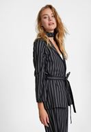 Bayan Çok Renkli Çizgi Desenli Beli Bağlamalı Ceket