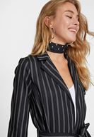 Bayan Çok Renkli Çizgi Desenli Beli Bağlamalı Ceket