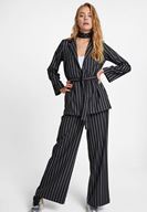 Bayan Çok Renkli Çizgi Desenli Beli Bağlamalı Ceket