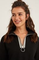 Bayan Siyah Yakası Fermuar Detaylı Sweatshirt