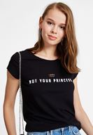 Bayan Siyah Slogan Baskı Detaylı Tişört