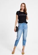 Bayan Siyah Slogan Baskı Detaylı Tişört