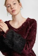 Bayan Bordo Kol Detaylı Tüylü Triko