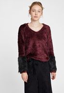 Bayan Bordo Kol Detaylı Tüylü Triko